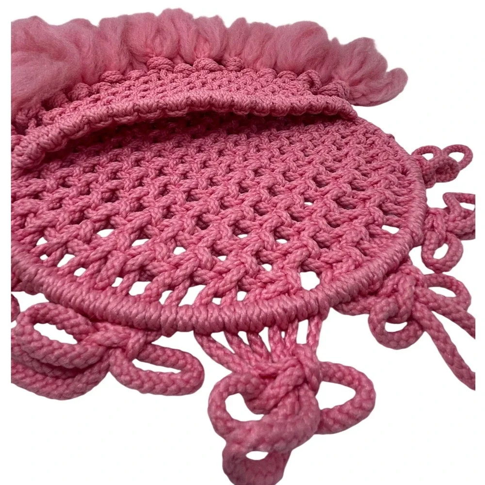 Handmade Pink Macrame‎ Fiber Art Vintage Wall Pocket Hanging Fringe Boho Decor